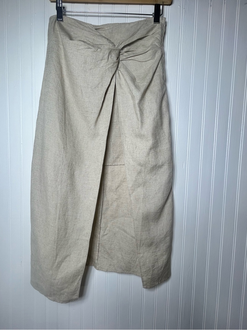 Beige Linen Twist-Front Midi Skirt side slit mini skirt